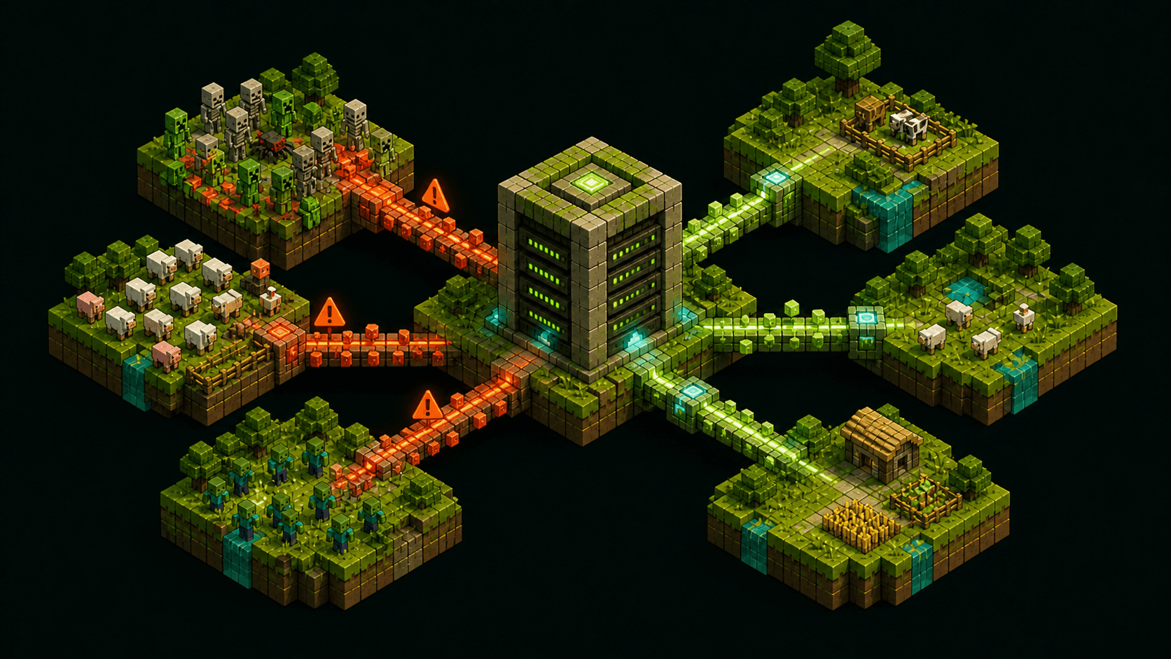 Optimized voxel multiplayer world at sunrise