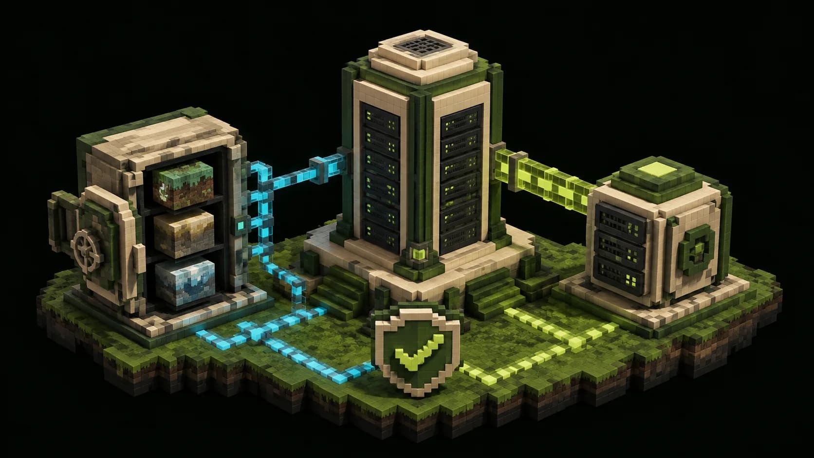 Voxel server tower connected to a protected world backup vault and a verified update module